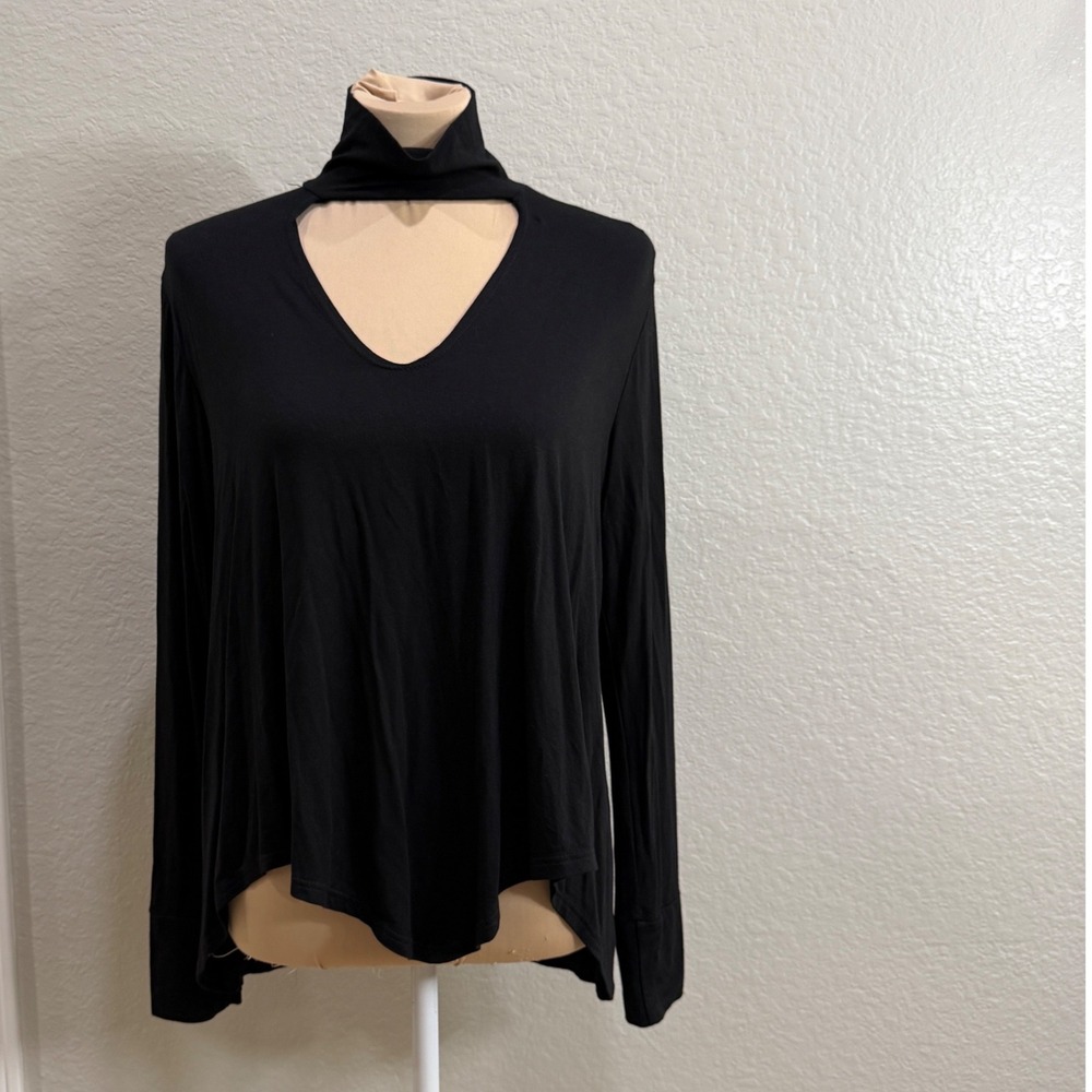 Johnny Becca Womens Black Choker Neck Keyhole V-Neck Long Sleeve Top Small USA